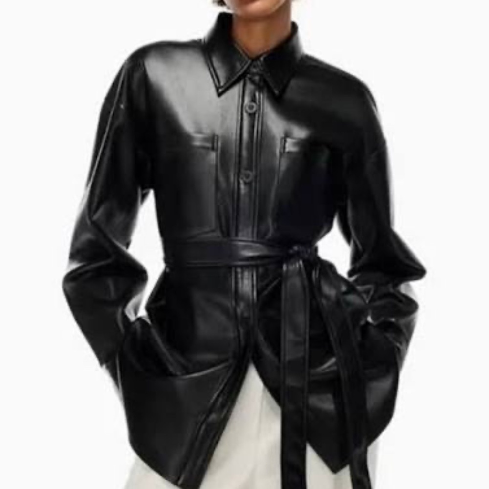 BABATON NWOT WOMEN'S BLACK FAUX LEATHER JACKET SHIRT BELTED SMALL S